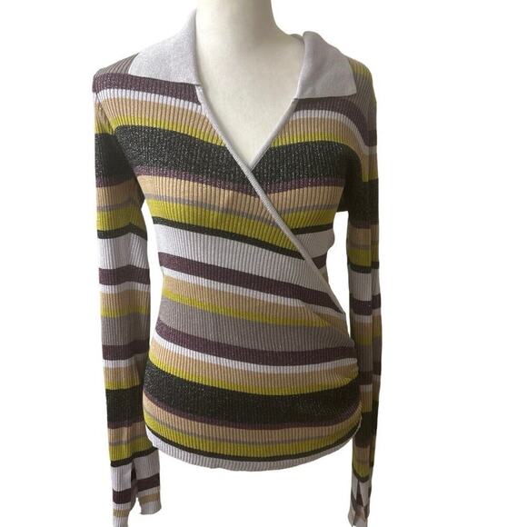 CHASER Harper Haight Street Striped Faux Wrap Multi Color Sweater Large NWOT - Picture 3 of 9
